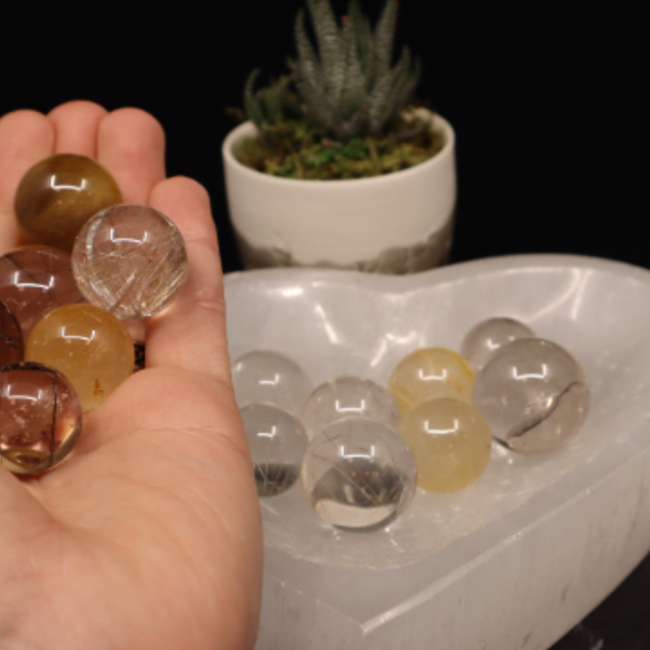 Gold (Golden Rutile Angel Venus Hair) Rutilated Quartz Sphere Orb (AAA Grade) 10 - 20mmm - with Stand