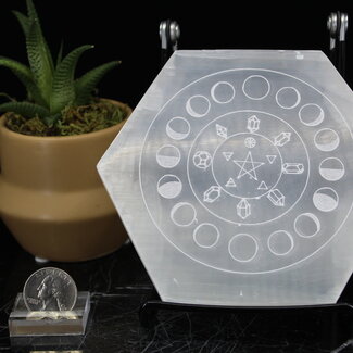 Selenite (Satin Spar Gypsum) Charging Disks Plates - Hexagon Moon Phases Medium Etched