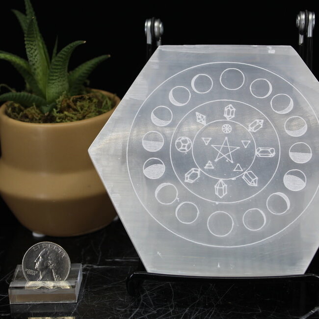Selenite (Satin Spar Gypsum) Charging Disks Plates - Hexagon Moon Phases Medium Etched