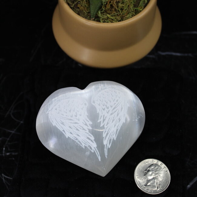 Selenite (Satin Spar Gypsum) Hearts - 3" Angel Winged Engraved Large