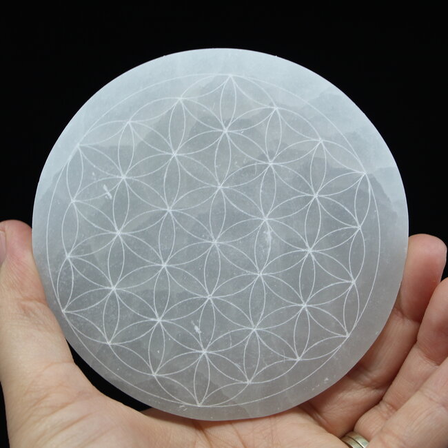 Selenite (Satin Spar Gypsum) Charging Disks Plates - Round Circle Flower Seed of Life Medium