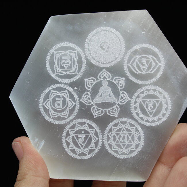 Selenite (Satin Spar Gypsum) Charging Disks Plates Station - 3.5" Hexagon Chakra Symbols Medium