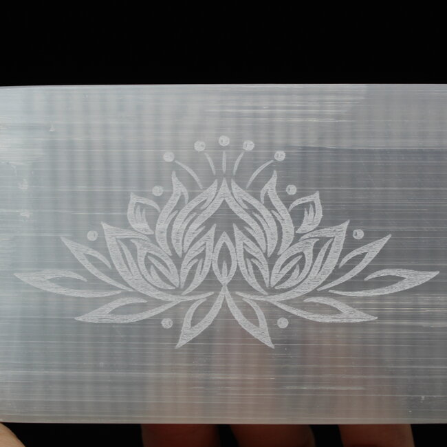 Selenite (Satin Spar Gypsum) Charging Disks Plates - Lotus Rectangle Medium Etched