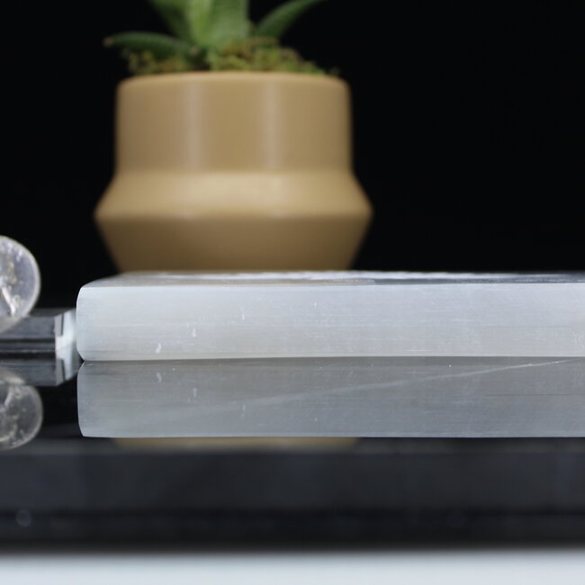 Selenite (Satin Spar Gypsum) Charging Disks Plates - Lotus Rectangle Medium Etched