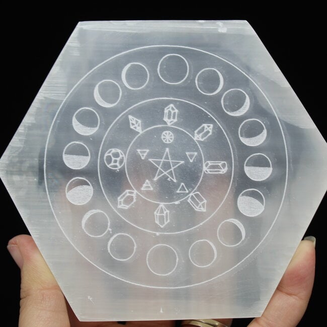 Selenite (Satin Spar Gypsum) Charging Disks Plates - Hexagon Moon Phases Medium Etched