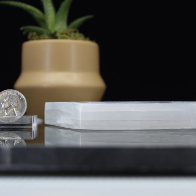 Selenite (Satin Spar Gypsum) Charging Disks Plates - Hexagon Moon Phases Medium Etched