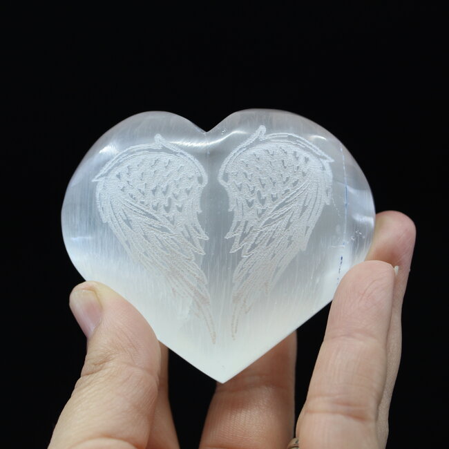 Selenite (Satin Spar Gypsum) Angel Winged Engraved Puffy Hearts - Large