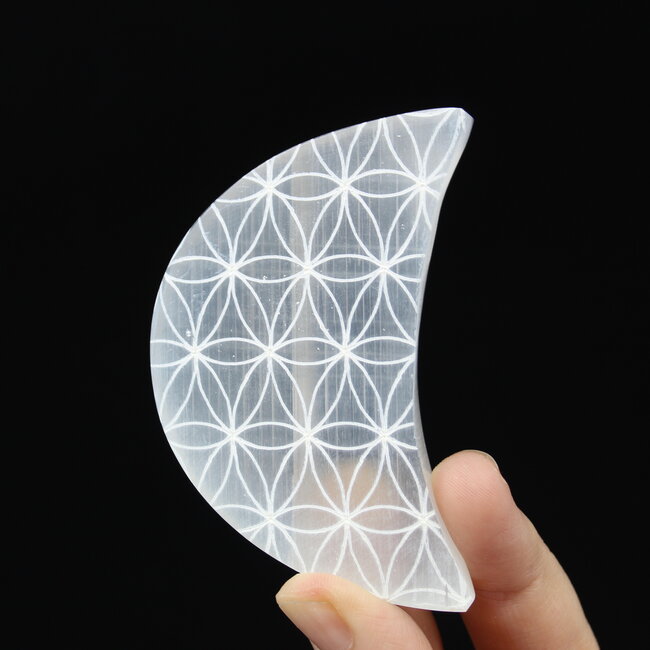 Selenite (Satin Spar Gypsum) Charging Disks Plates - Seed Flower of Life Crescent Moon Medium Geometric