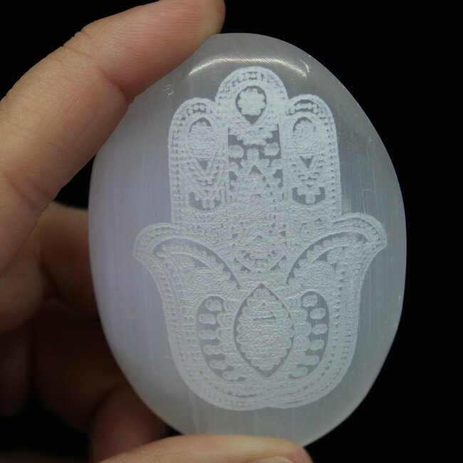Selenite (Satin Spar Gypsum) Hamsa Hand (Fatima Miriam) Engraved Palm Pillow Pocket Stone - 1.5"