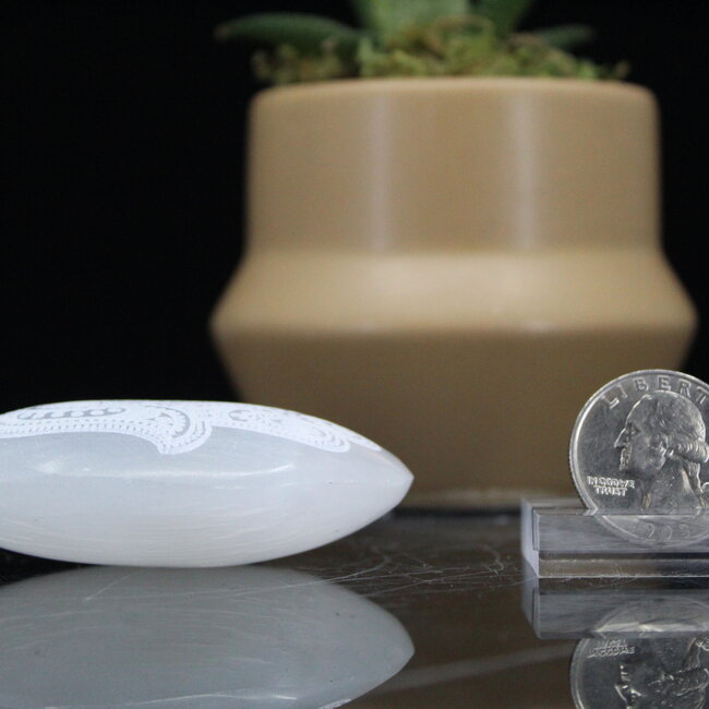 Selenite (Satin Spar Gypsum) Hamsa (Fatima Miriam Khamsa) Hand Engraved Palm Pillow Pocket Stone - 1.5"