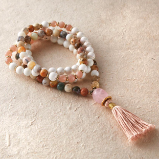 Heart Wide Open Mala - Silver & Sage (Sage Agate Magnesite  Peach Moonstone Rose Quartz)