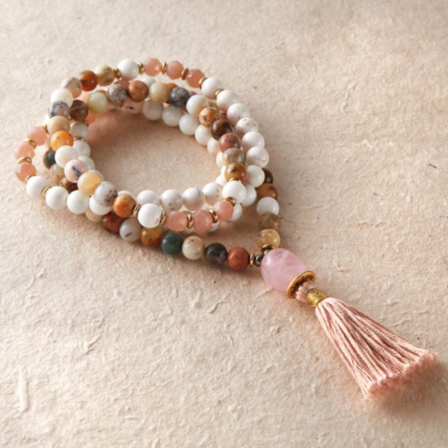 Heart Wide Open Mala - Silver & Sage (Sage Agate Magnesite  Peach Moonstone Rose Quartz)