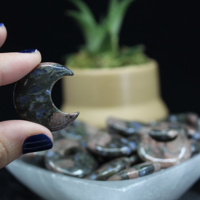 Que Sera (Blue Opal Llianite Galaxy Rhyolite Liberite Glaucophane) Crescent Moons - Medium