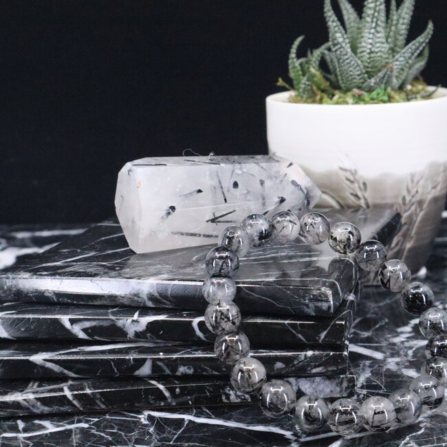 Black Tourmaline in Clear Quartz (Tourmalated Tourmalinated Rutilated Quartz) Bracelets - 8mm