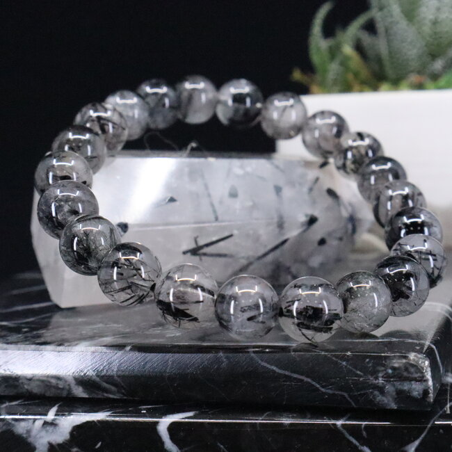 Black Tourmaline in Clear Quartz (Tourmalated Tourmalinated Rutilated Quartz) Bracelets - 8mm
