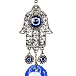 Evil Eye Hamsa Fatima Hand Home Wall Decor - Blue 8" Door Silver - Hanging Protection