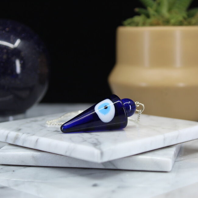 Blue Evil Eye Pendulums - Dowsing Cone Point Divination - Silver Chain 9" Crystal Gemstone