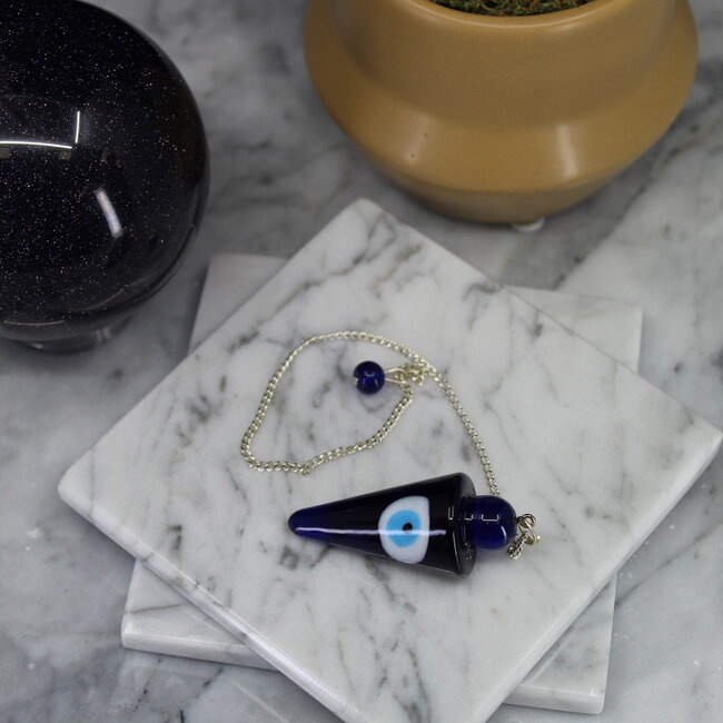 Blue Evil Eye Pendulums - Dowsing Cone Point Divination - Silver Chain 9" Crystal Gemstone