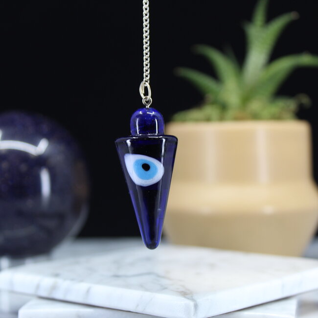 Blue Evil Eye Pendulums - Dowsing Cone Point Divination - Silver Chain 9" Crystal Gemstone