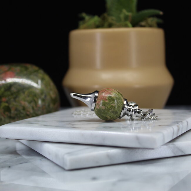 Unakite Jasper Pendulums - Round Sephoroton Dowsing Divination Silver Chain - Gemstone Crystal