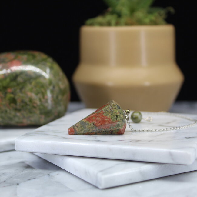 Unakite Jasper Pendulums - Dowsing Hexagonal Faceted Cone Point Divination - Silver Chain Crystal Gemstone