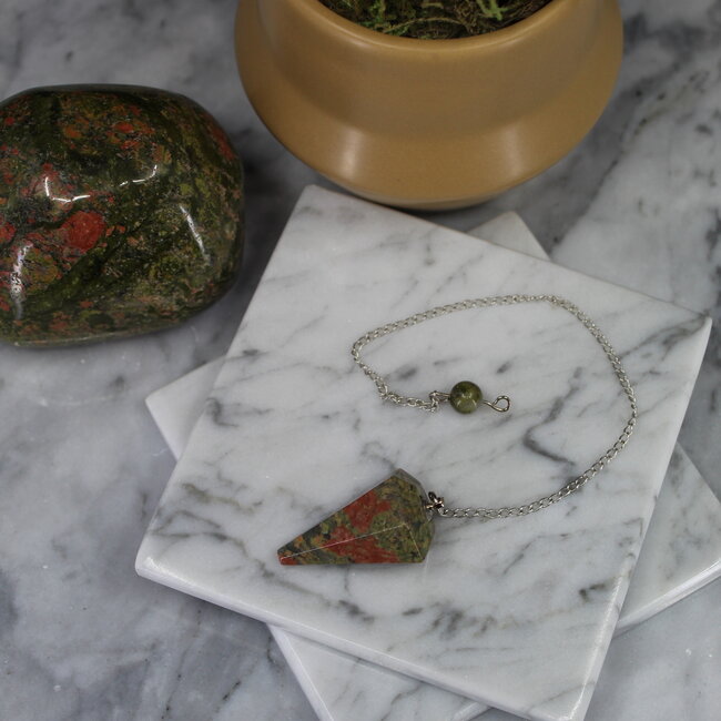 Unakite Jasper Pendulums - Dowsing Hexagonal Faceted Cone Point Divination - Silver Chain Crystal Gemstone
