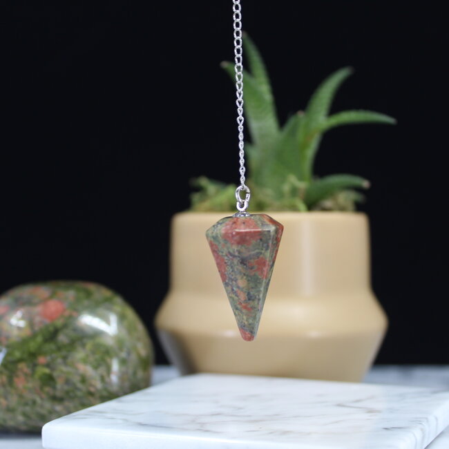 Unakite Jasper Pendulums - Dowsing Hexagonal Faceted Cone Point Divination - Silver Chain Crystal Gemstone