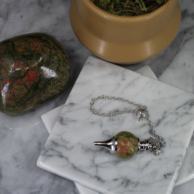 Unakite Jasper Pendulums - Round Sephoroton Dowsing Divination Silver Chain - Gemstone Crystal