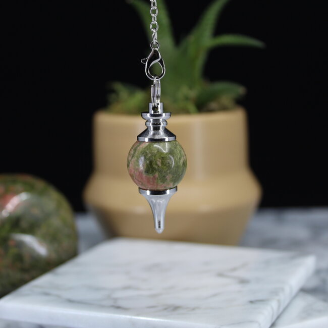 Unakite Jasper Pendulums - Round Sephoroton Dowsing Divination Silver Chain - Gemstone Crystal