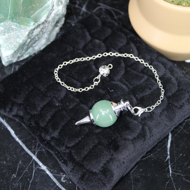 Green Aventurine Pendulums - Round Sephoroton Dowsing Divination Silver Chain - Gemstone Crystal