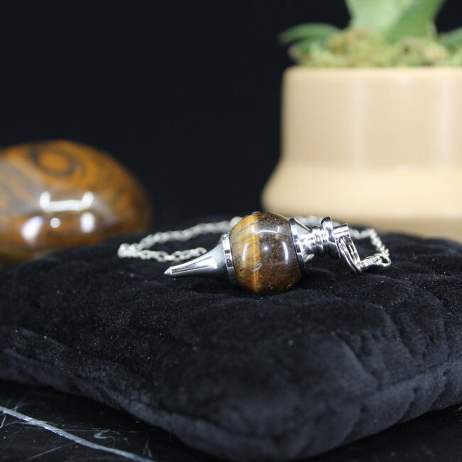 Gold Tigers Eye Pendulums - Round Sephoroton Dowsing Divination Silver Chain - Gemstone Crystal