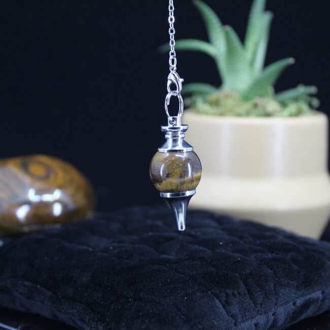 Gold Tigers Eye Pendulums - Round Sephoroton Dowsing Divination Silver Chain - Gemstone Crystal
