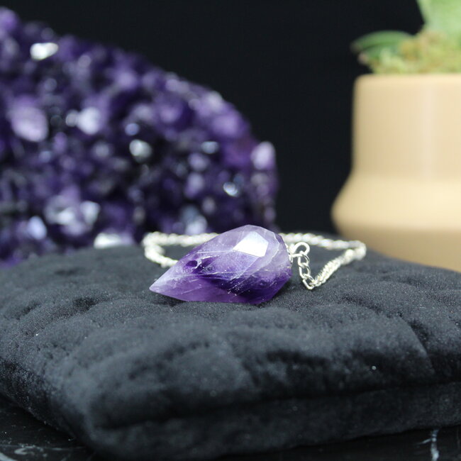 Amethyst Pendulum-Dowsing Teardrop Faceted Point Divination-Silver Chain-Crystal Gemstone