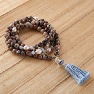 Evolving Mala- Silver & Sage (Fossil Coral, Aquamarine, Labradorite Clear Quartz)