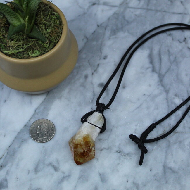 Citrine Point on Black Wax Cord Necklace - Long Rough Raw Natural
