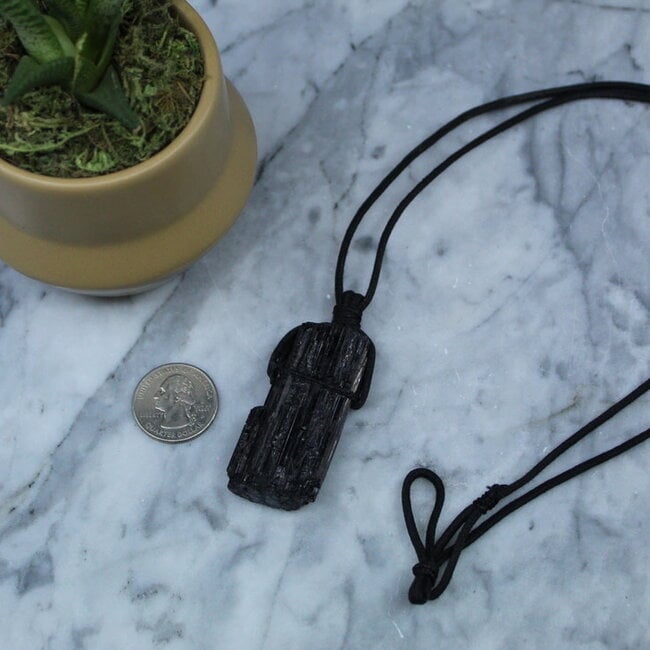 Black Tourmaline on Wax Cord Necklace - Long Rough Raw Natural