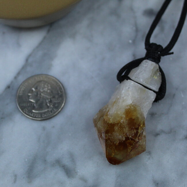 Citrine Point on Black Wax Cord Necklace - Long Rough Raw Natural