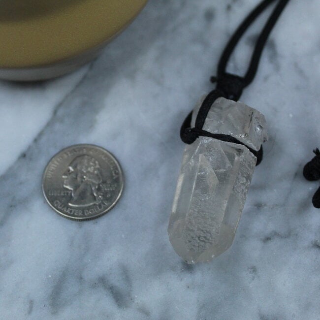 Clear (Crystal) Quartz Rough Point Necklace - Black Wax Cord Adjustable
