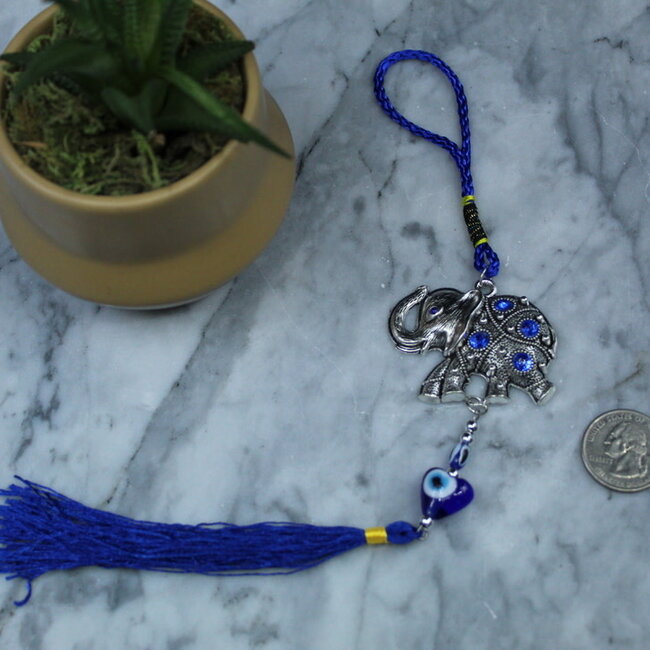 Evil Eye Wall Hanging Decor - Elephant Blue Heart Tassel - 12" Mirror Door Window Protection