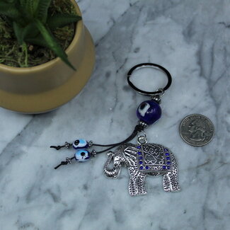 Evil Eye Keychains - Elephant Double Blue Bead -  5" Silver Key Chains