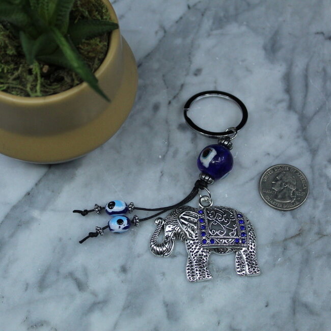 Evil Eye Keychains - Elephant Double Blue Bead -  5" Silver Key Chains