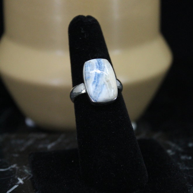 Blue Scheelite Sterling Silver Rectangle Ring  - Size 6
