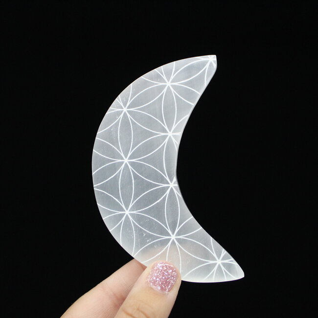 Selenite (Satin Spar Gypsum) Charging Disks Plates Station - 4" Crescent Moon Seed Flower of Life Medium