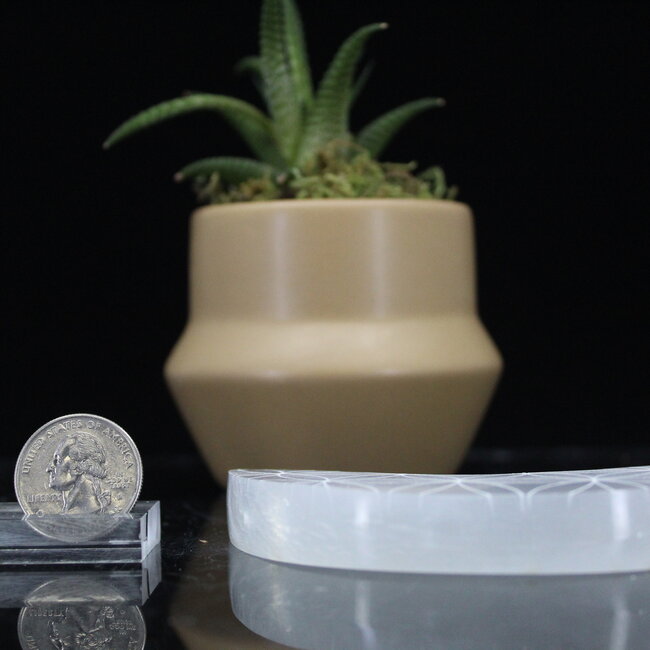 Selenite (Satin Spar Gypsum) Charging Disks Plates Station - 4" Crescent Moon Seed Flower of Life Medium