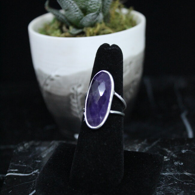 Amethyst Rings - Size 7 Large Oval Faceted Bezel Set - Sterling Silver