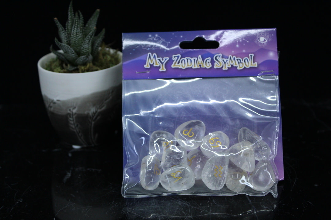 Clear Quartz Cube with Zodiac Symbols 12 Piece Awakenings