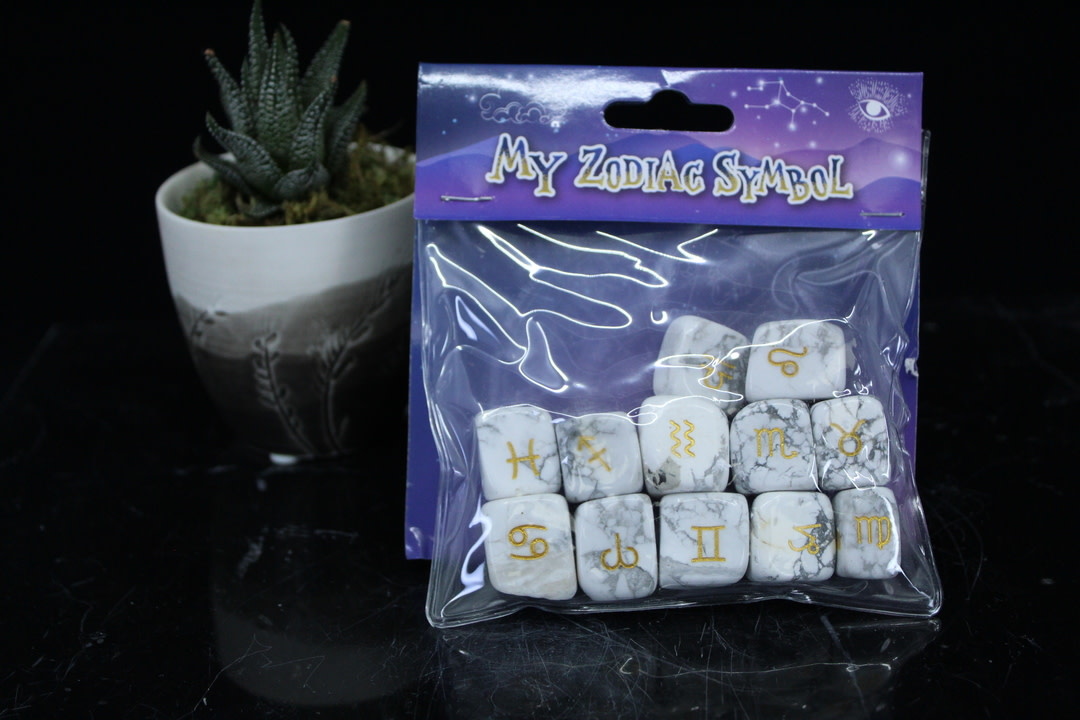 White Howlite Cube with Zodiac Symbols 12 Piece