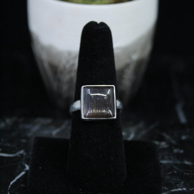 Black Sunstone Ring - Size 8 Square Bezel Set - Sterling Silver