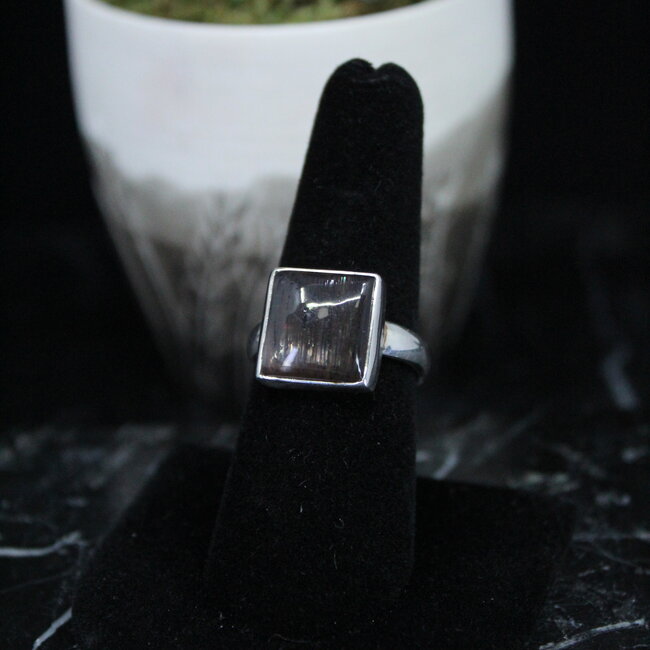 Black Sunstone Ring - Size 8 Square Bezel Set - Sterling Silver