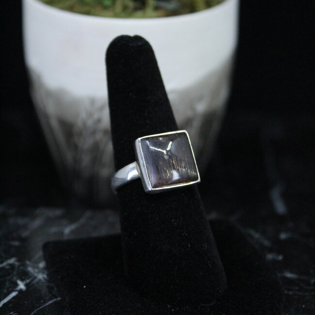 Black Sunstone Ring - Size 8 Square Bezel Set - Sterling Silver